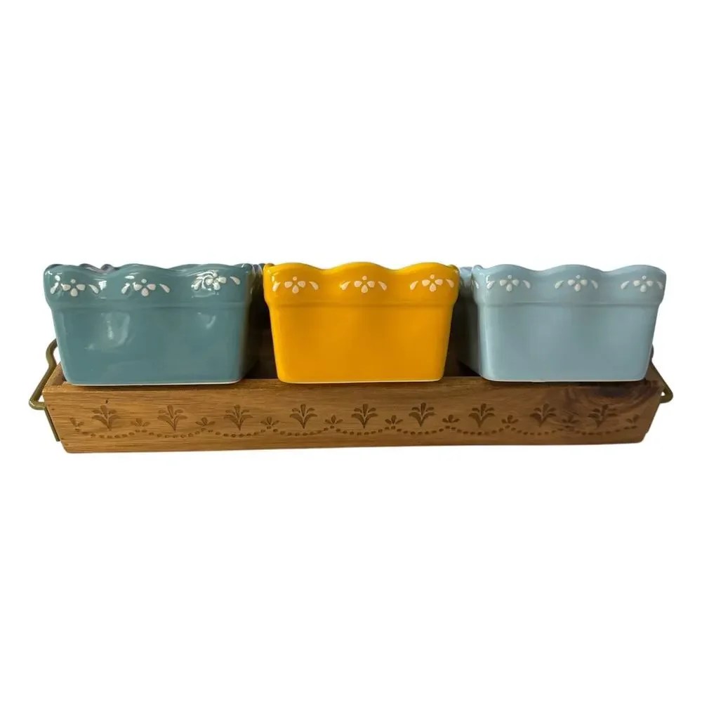 Pioneer Woman Condiment Set w/Wood Tray 3 Floral Medley 3 Stoneware Bowls